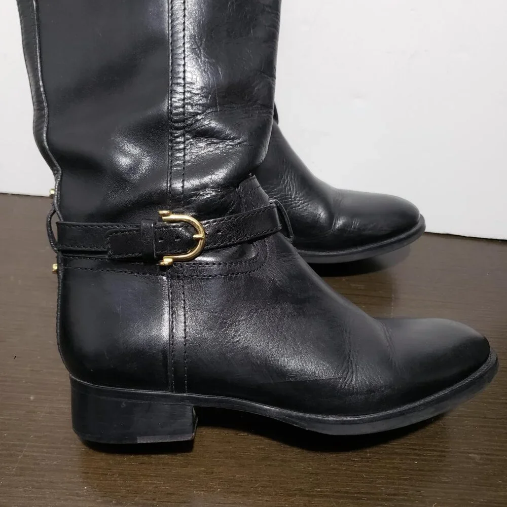 Tory Burch 5207 Nadine Riding Black Leather Boots Gold Logo Sz 6 $495